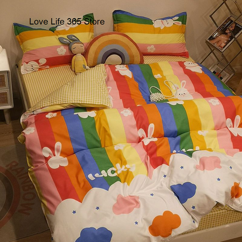 Sonicelife INS Blue And White Cow Stripe Cartoon Bedding Set Cute Animal Quilt Cover Soft High Quality Polyester Sheet Bedroom Decor