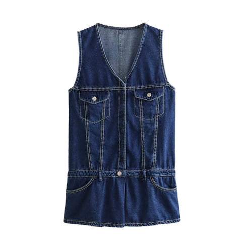 Sonicelife Women's new jumpsuit fashion casual versatile pocket decoration sleeveless mini jumpsuit