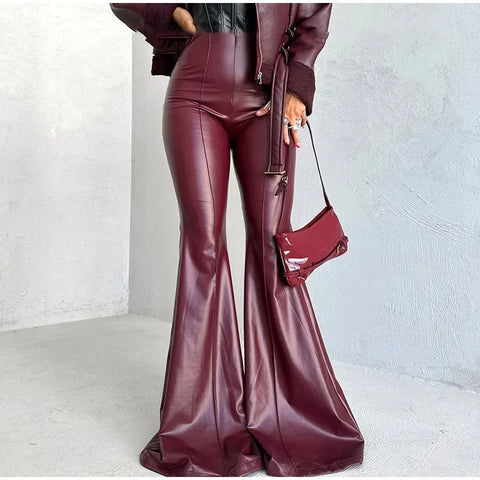 thanksgiving outfit Sonicelife PU Leather Flare Leg Pants Women Elegant High Waist Elastic Slim Fit Zipper Trousers 2024 Autumn Fashion Y2k New Outwear Mujer