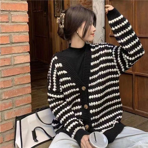 Black Friday Sonicelife Striped Knit Cardigan Women Black White Patchwork Fall Winter Warm Button Sweater Fashion Elegant Loose Chic Twist Coat