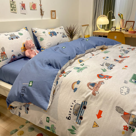 Sonicelife Kawaii Kids Bedding Set Soft Cotton Flat Fitted Sheet Duvet Cover Pillowcases Single Queen Cartoon Boy Girls Dormitory Bed Linen