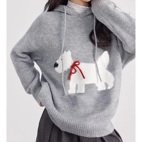 Sonicelife Dog Printed Cute Hooded Sweater Knit Women Y2k Drawstring Long Sleeve Pullover Sweater Loose Casual Hoodies Fall Winter