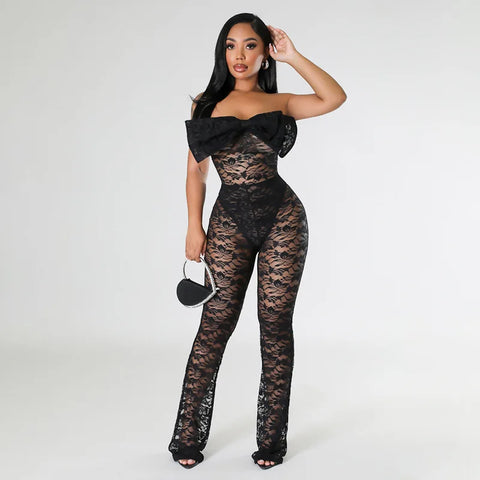 Sonicelife Sexy Women 2 Piece Lace Big Bow Knot Bodysuits Lace Pants Sets Party Cute Lady Lace Crochet Perspective Two Piece Outfits Summer