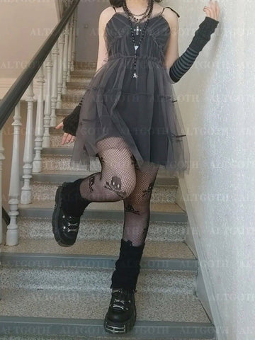 Sonicelife Y2k Gothic Mesh Dress Women Fairycore Grunge Streetwear Sexy Spaghetti Strap High Waist A-line Dress Soft Goth Outfits