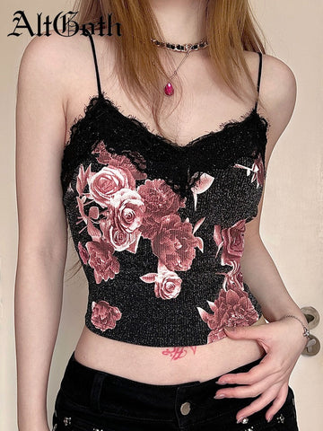 Sonicelife Vintage Aesthetic Camisole Women Y2k E-girl Soft Goth Streetwear Florals Printed Lace Patchwork Crop Tank Tops Female