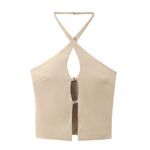 Sonicelife Women's Hanging Strap Hollow Buckle Neck Top Open Back Design Versatile Fashion New