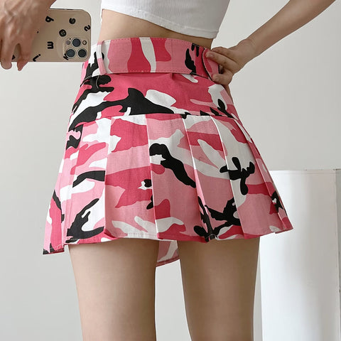 Sonicelife Summer Women Camouflage Pleated Mini Skirts Dance Lady School High Waist Belt Pink Camo Pleated Skirt Cosplay A Line Cute Skirts