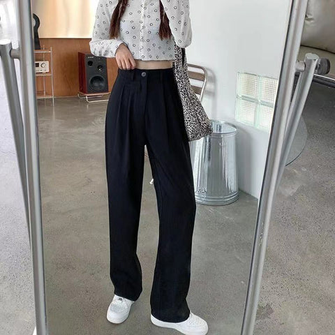 Sonicelife High Waist Women Suit Pants Fall Straight Office Ladies Korean Fashion Trousers Casual Button Loose Female Black Pants New
