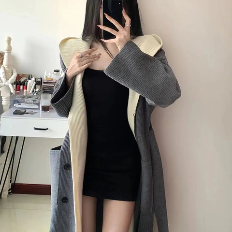 Black Friday Sonicelife Fake Two-Piece Knitted Cardigan Women Hooded Patchwork Korean Fall Sweater Fashion Loose Casual High Street Big Pockets Jumpers