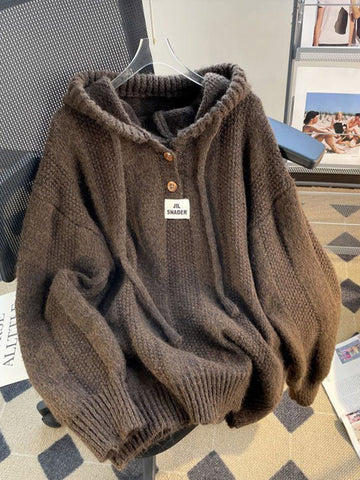 Black Friday Sonicelife Korean Loose Solid Hooded Sweater Women Casual Knitted Buttons Soft Pullover Sweaters Female Autumn Chic Daily Warm Streetwear