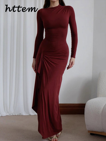 Sonicelife Elegant Ruched Long Party Dress Women Bodycon O-neck Full Sleeve Package Hip Female Dresses 2024 Autumn Lady Sexy Wine Red Robes