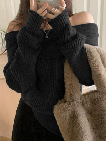 Sonicelife Solid Off Shoulder Knit Sweater