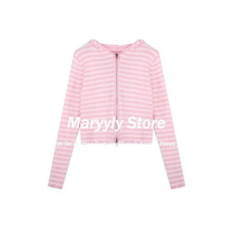 Sonicelife 2025 Autumn New Pink Striped All-match Hoodie Tops Women Casual Bottoming Cardigan Sweet kawaii Long Sleeve Zipper Sweatshirts