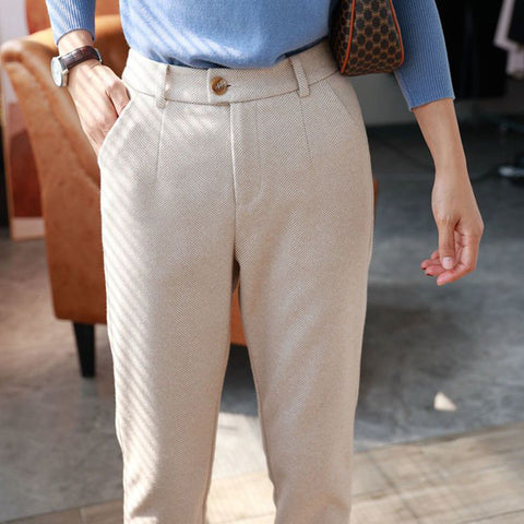 Sonicelife Woolen Pants Women Harem Pencil Pants Spring High Waist Pockets Suit Pants Office Lady Striped Zipper Trousers