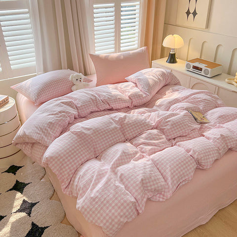 Sonicelife Ins Pink Plaid Bedding Set No Filler Twin Queen Size Comforter Cover Flat Sheet Pillowcase Girls Boys Solid Blanket Duvet Duvet