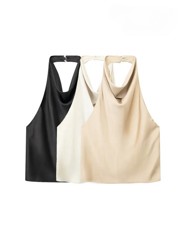 Sonicelife Women Fashion Satin Flowing Halterneck Tank Tops Sexy Backless With Button Female Camis Mujer