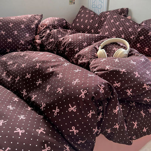 Sonicelife Ins Korean Style Duvet Cover Set Quilt Set Bow Dot Bed Sheet Set For Girls Bedding Set For Bedroom