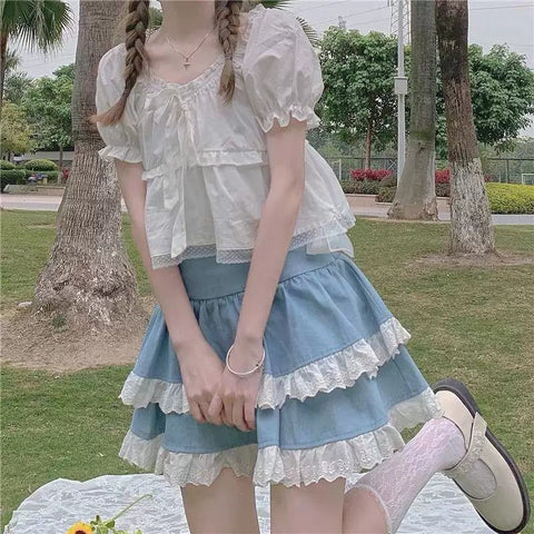 Sonicelife Kawaii Lace Skirt Cute Hot Girl Clothing Summer Cake skirt Casual Loose Korea Blue 2000s Sweet Women Skirts Low-waist Y2k Skirts