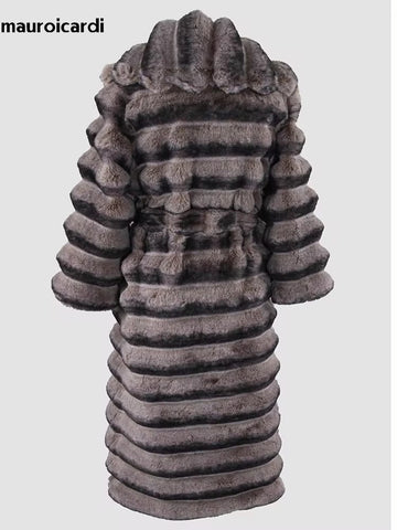 christmas outfit Sonicelife Winter Maxi Colorful Thick Warm Striped Soft Faux Chinchilla Fur Coat Women Elegant Luxury Chic Furry Overcoat 2025