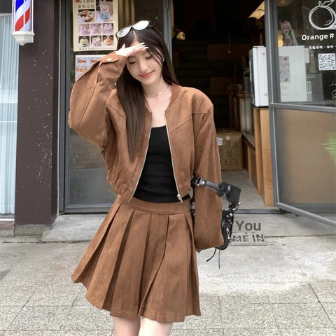 thanksgiving outfit Sonicelife 2024 Autumn New Sensibility Maillard Brown Vintage Leather Jacket With Pleated Skirt Set Women Fashion Dress Set