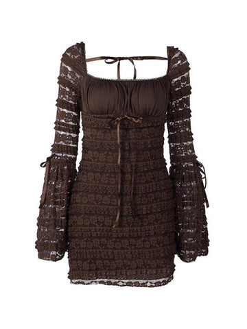 Sonicelife hoco dresses-Solid Multi Layered Lace Square Neck Mini Dress