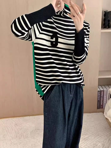 christmas outfit Sonicelife Long Sleeves Loose Contrast Color Knitted Letters Split-Joint Striped High Neck Pullovers Sweater Tops