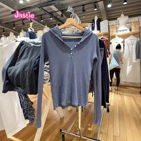 Sonicelife Navy Blue Waffle Y2K Hooded Top 2025 New Autumn Five Button Slim Long Sleeve Tee Cototn Blend Vintage Street Women T-shirts
