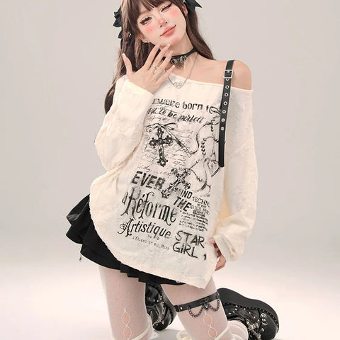 Sonicelife Sexy Hollow Out T Shirt Women Gothic Goth Grunge Dark Off Shoulder Tees Streetwear Letter Print Fashion Tops Autumn