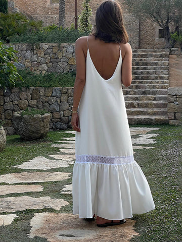 Sonicelife Fashion V Neck Hollow Out Ruffles Hem Midi Dress Elegant Backless Sleeveless Solid A-line Women's Dresses 2025 Summer Lady Robes