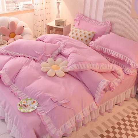 Sonicelife Green Bedding Sets Kawaii Seersucker Bed Sheet Pillowcase Fashion Girl Princess Duvet Cover 4 Pieces Cute Home Decoration