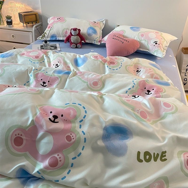 Sonicelife Pastoral Style Little Bear Bedding Set Adult Queen Twin Full Size Quilt Cover Bed Flat Sheet Kids Cute Duvet Cover No Filler