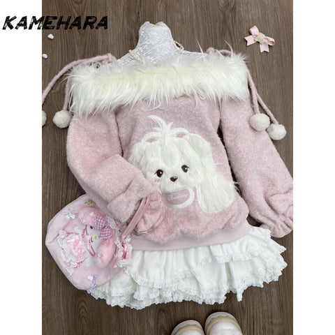 Sonicelife Japanese Sweet Pink One Shoulder Long Sleeve Hoodie Subculture Millennium Folded Cake Skirt Spring Y2K Two Piece Sets