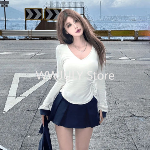 Sonicelife 2025 New Uniform Korean Style 3 Piece Set E- Girls Casual Basic Tops Sweet Slim Y2k Mini Skirt Fashion Elegant Suit Woman