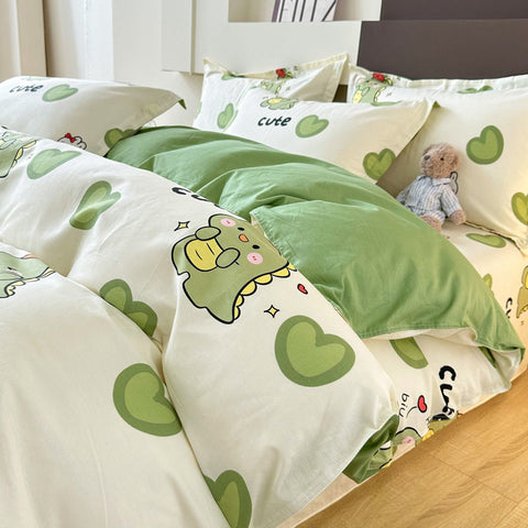 Sonicelife Cute Bedding Set Kawaii Cartoon Boys Girls Ins Duvet Cover with Zipper No Filler Flat Sheet Pillowcase Queen Size Bed Linens