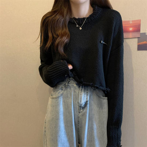 Black Friday Sonicelife Hollow Out Knitted Sweater Women Long-Sleeved Harajuku Y2K Chic Loose Lazy Pullover Hip-Hop Spring Fall Female Cropped Tops