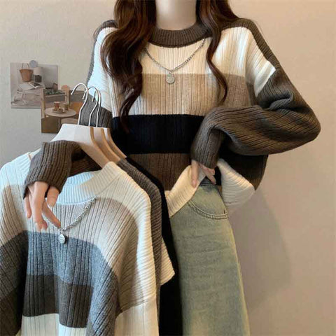 Black Friday Sonicelife Retro Stripe Knit Sweater Women Fall Loose Slouchy O Neck Long Sleeve Patchwork Pullover Y2K Korean Streetwear Casual Jumpers