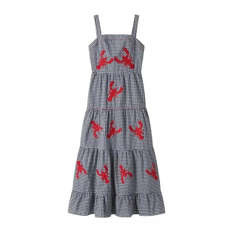 Sonicelife Embroidery Plaid Long Dresses Women Sleeveless Slip Midi Dress Woman Pleated Backless Beach Dress Vintage Summer Dress