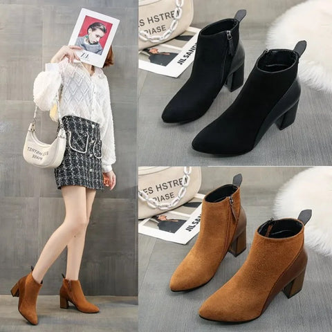 Sonicelife 2025  Autumn/Winter Women Ankle Boots Pointed Fashion Short  Suede Panel Side Zipper Thick Heels Women's Shoes Large 44