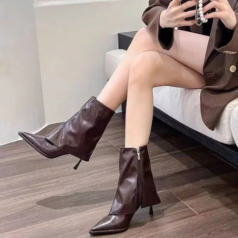 Sonicelife Ankle Boots Women Black Beige Brown Microfiber Leather Women Short Boots Pointed Toe Stiletto High Heel Winter Ladies Boots