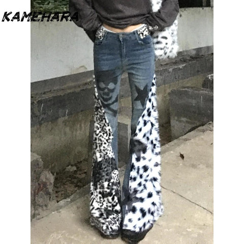 Sonicelife American Retro Washed Skull Leopard Print Micro Flared Jeans for Women Slim Fit Slimming Long Pants Ins Spring Female