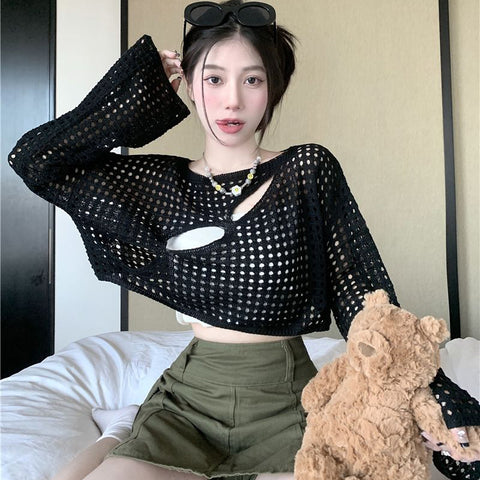 Black Friday Sonicelife Chic Hollowed Out Smock Women Long-Sleeve Solid Sexy Cropped Tops Blouse Harajuku Fashion Loose Knitted Y2K High Street Sweater