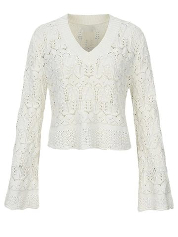 Sonicelife Vintage Hollow Out White Sweaters Women V Neck Sweet Short Knitted Pullovers Fall Long Sleeve French Elegant Loose Jumpers
