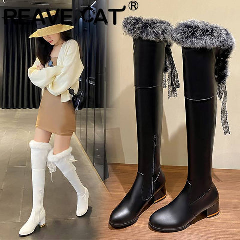 thanksgiving outfit Sonicelife Fashion Lady Thigh Boots 54cm Round Toe Block Heels 6cm Plush Shoes Ribbon Sexy Party Big Size 45 46 47 48