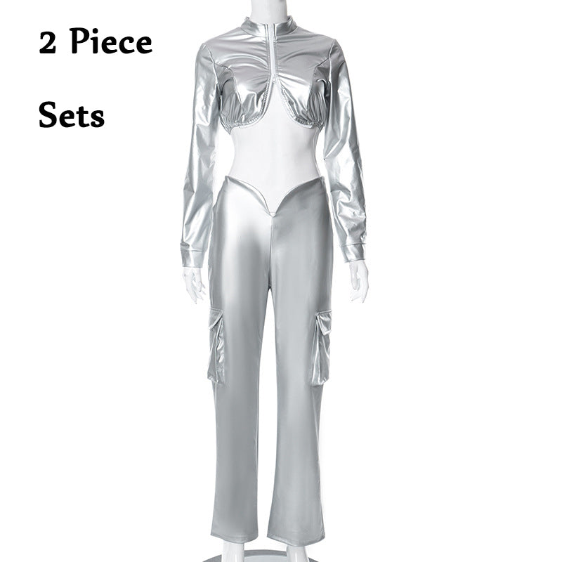 Sonicelife Y2K Women 2 Piece Shiny Silver PU Leather Zipper Cropped Jackets Straight Pants Sets Metal Color Leather Suits Two Piece Outfits