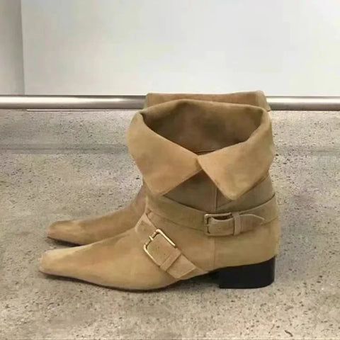Sonicelife 2025   new fashion design khaki suede leather buckle strap pointed toe boss boots punk style goth square heel women shoes