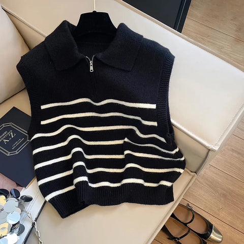 Sonicelife Retro Lapel Zipper Stripe Knitted Waistcoat Women Autumn Winter Korean Fashion Sleeveless Sweaters Casual Simple Pullover Vest