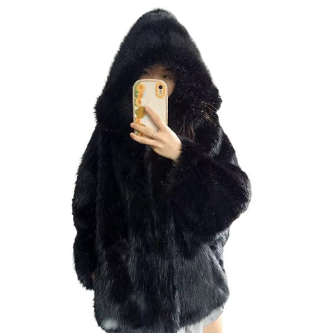 christmas outfit Sonicelife Winter Oversized Black Warm Shaggy Hairy Faux Fox Fur Coat Women with Hood Bat Sleeved White Korean Fashion 2025