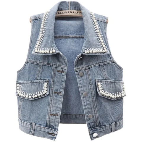 Sonicelife 2025 New Autumn Women Vest Jacket Fashion Beading Jeans Jacket Sleeveless Loose Short Blue Denim Coat Causal Waistcoats Jackets