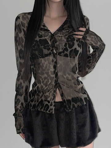 Sonicelife E-girl Vintage Y2k Leopard Shirt Women Streetwear Pastel Goth Emo Alt Sexy See Through Long Sleeve Lace-up Mesh Blouse