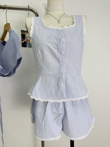 Sonicelife Cute Blue Striped 2 Piece Set Outfits Women New Buttons T-shirts+Buttons Straight Short Pants Sweet Lace Trim Blouse Shorts Sets